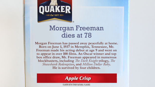 Illustration for article titled Major Blunder: Quaker Oats Mistakenly Printed Morgan Freeman’s Obituary On The Back Of All Its Oatmeal Boxes
